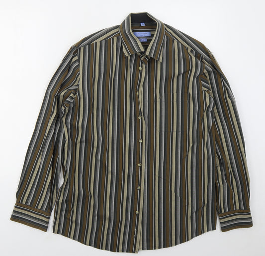 Jean Chatel Mens Brown Striped Cotton  Button-Up Size M Collared Button