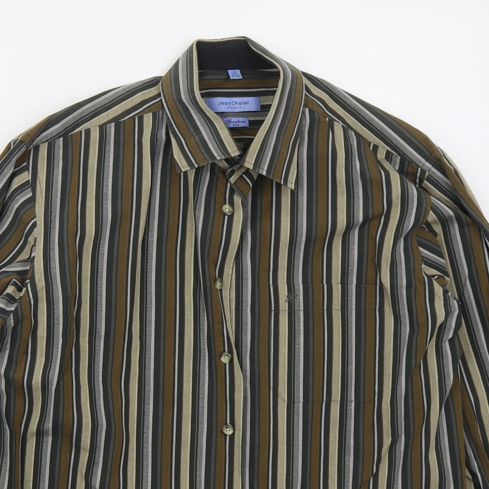 Jean Chatel Mens Brown Striped Cotton  Button-Up Size M Collared Button