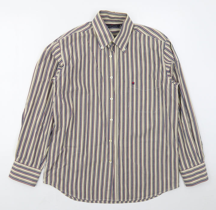 Tricot Marine Mens Beige Striped Cotton Button-Up Size M Collared Button