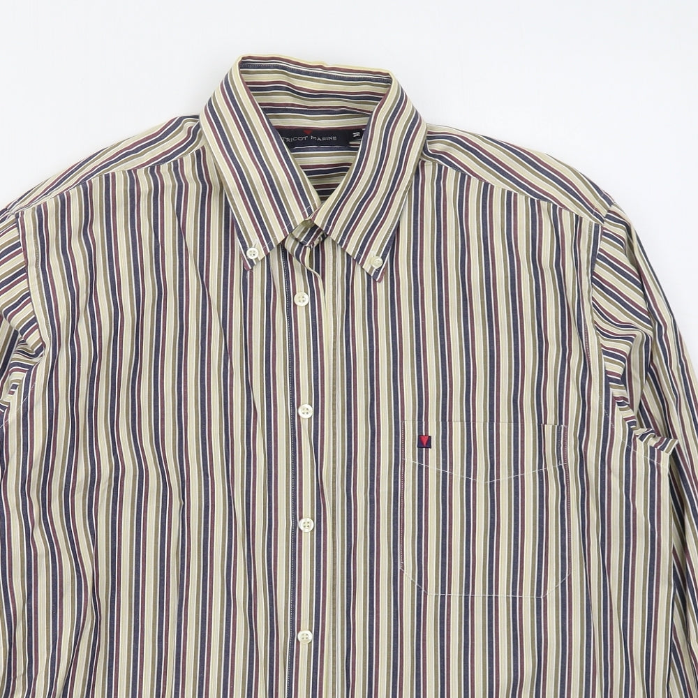 Tricot Marine Mens Beige Striped Cotton  Button-Up Size M Collared Button