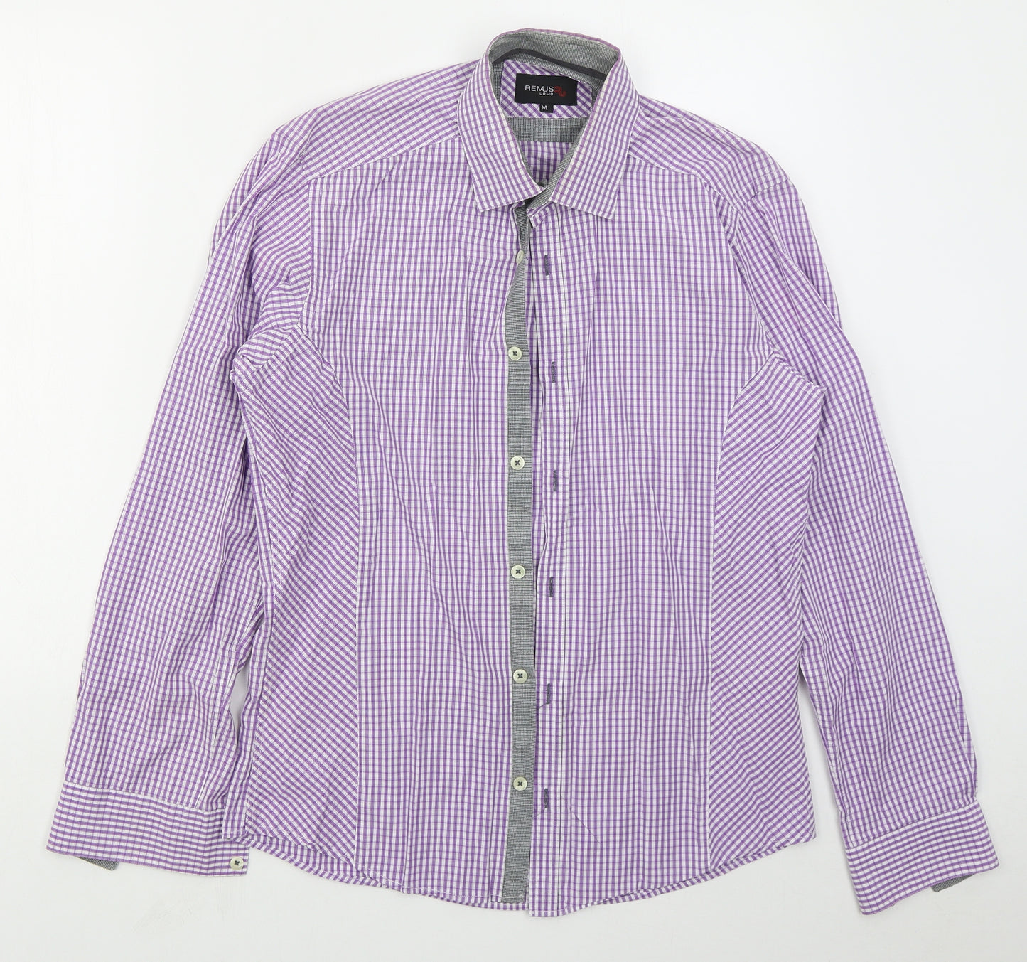 REMUS Mens Purple Check Cotton  Button-Up Size M Collared Button