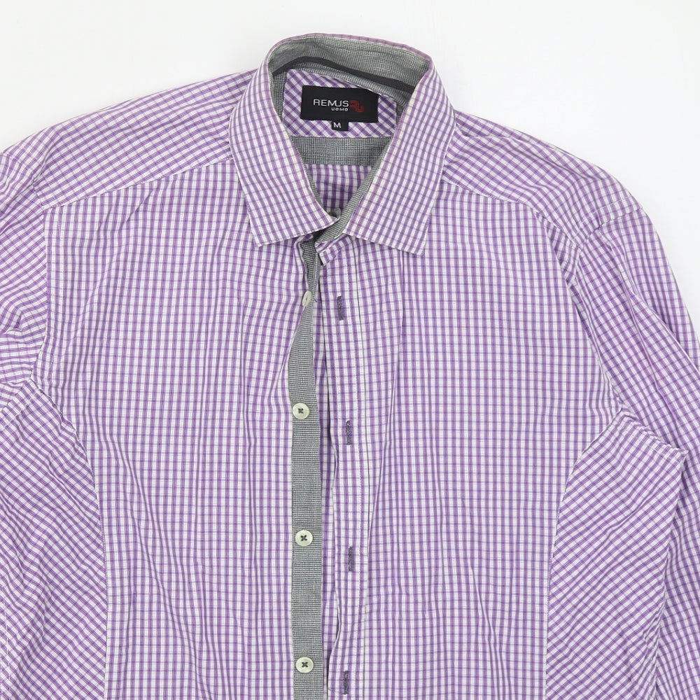 REMUS Mens Purple Check Cotton  Button-Up Size M Collared Button