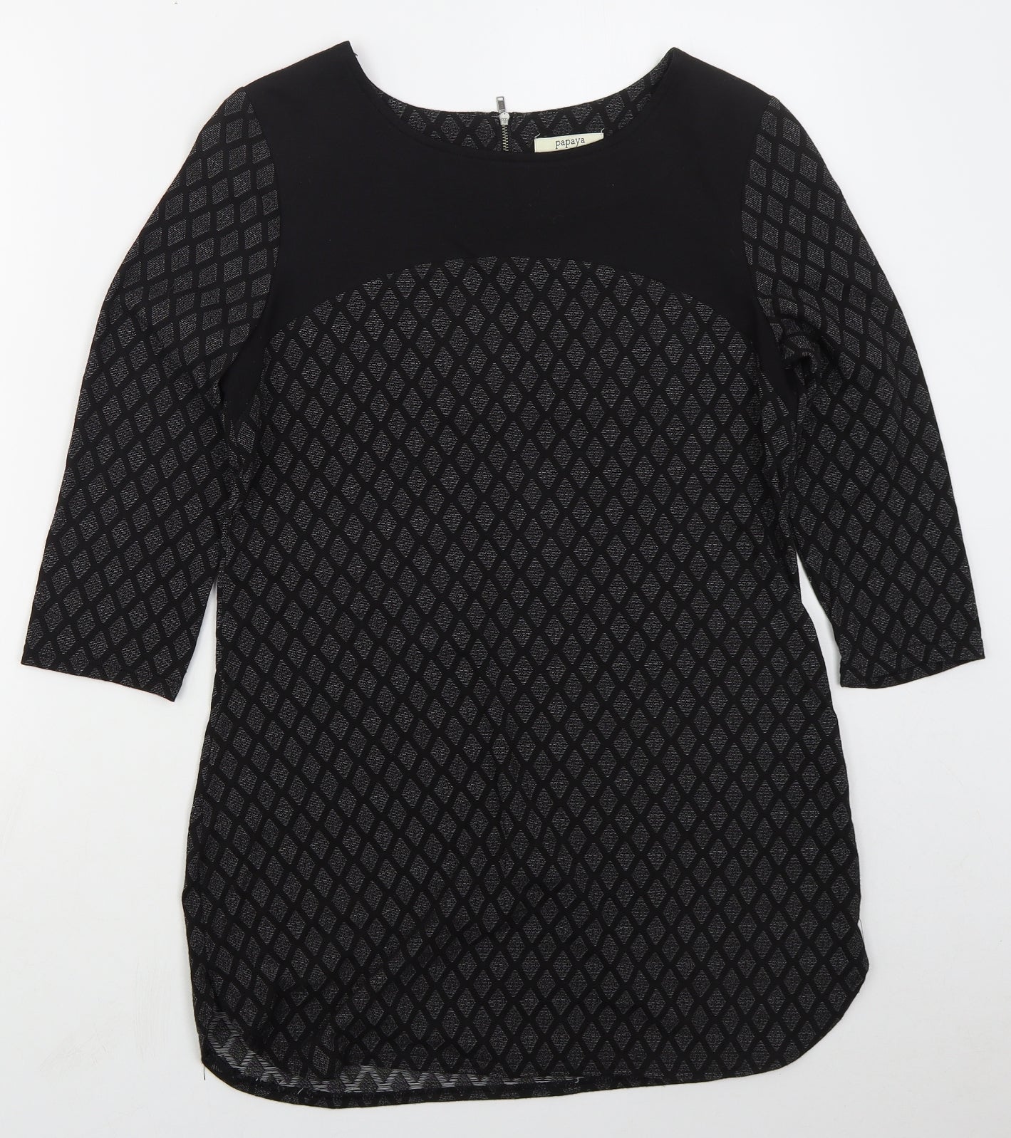 Papaya Womens Black Geometric Polyester Basic T-Shirt Size 12 Round Neck
