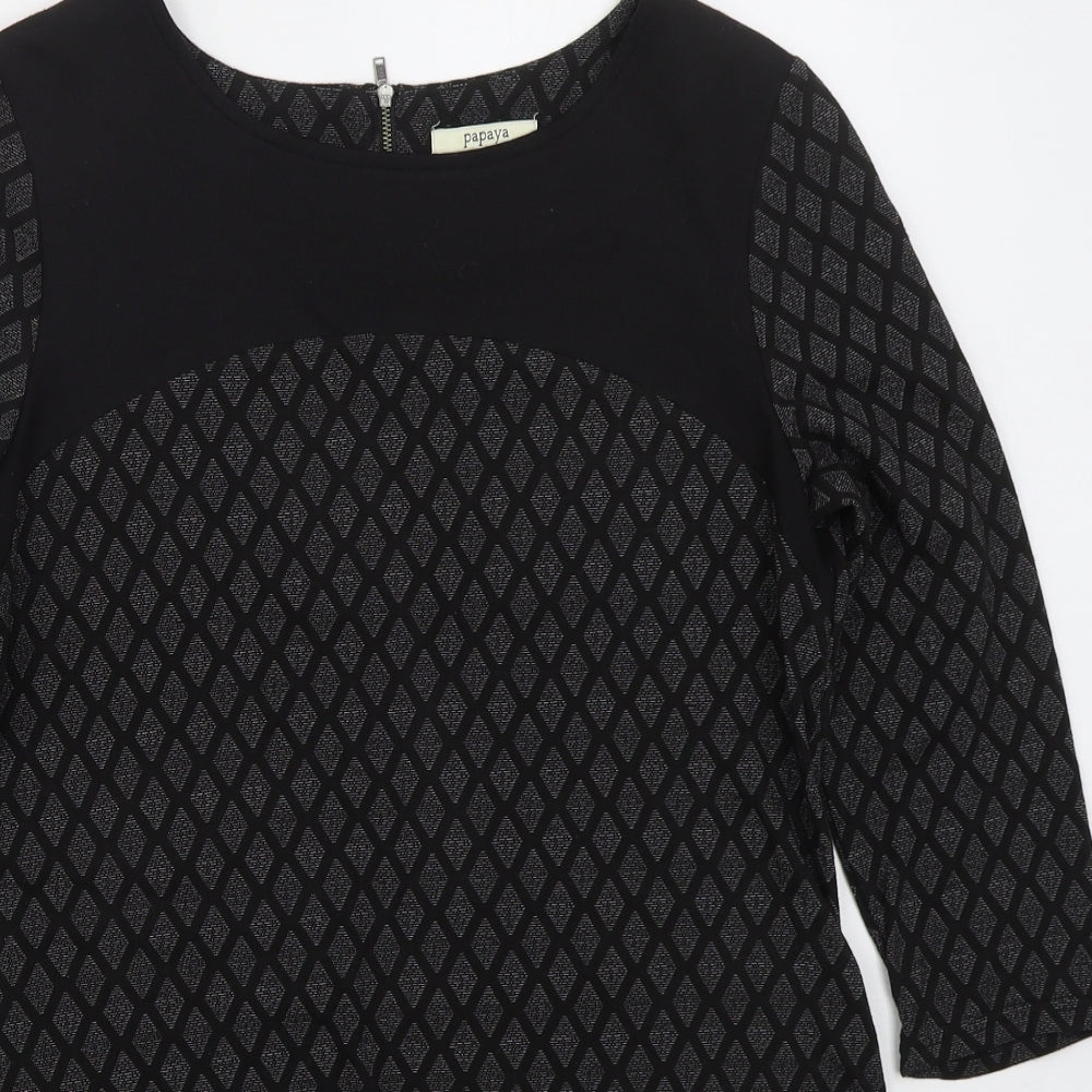 Papaya Womens Black Geometric Polyester Basic T-Shirt Size 12 Round Neck
