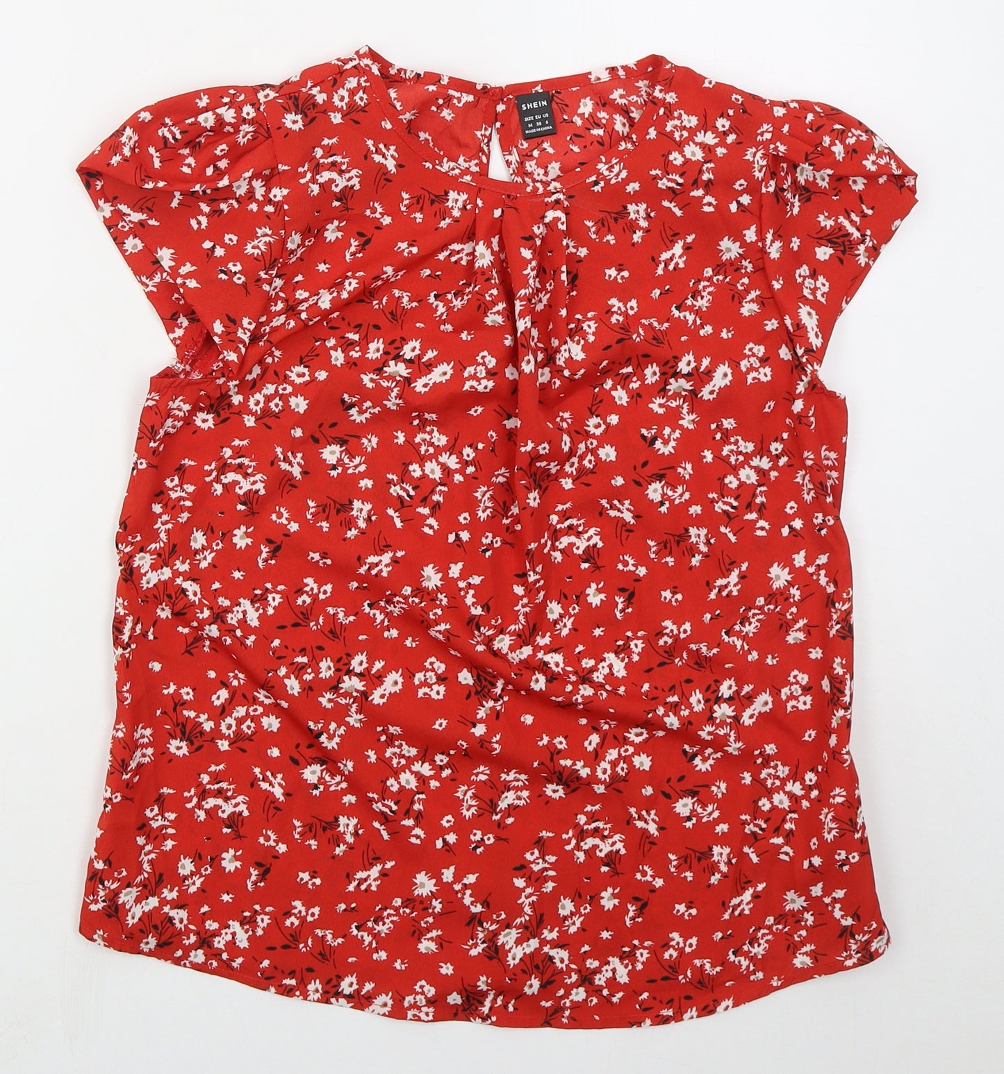 SheIn Womens Red Floral Polyester Basic Blouse Size M Crew Neck