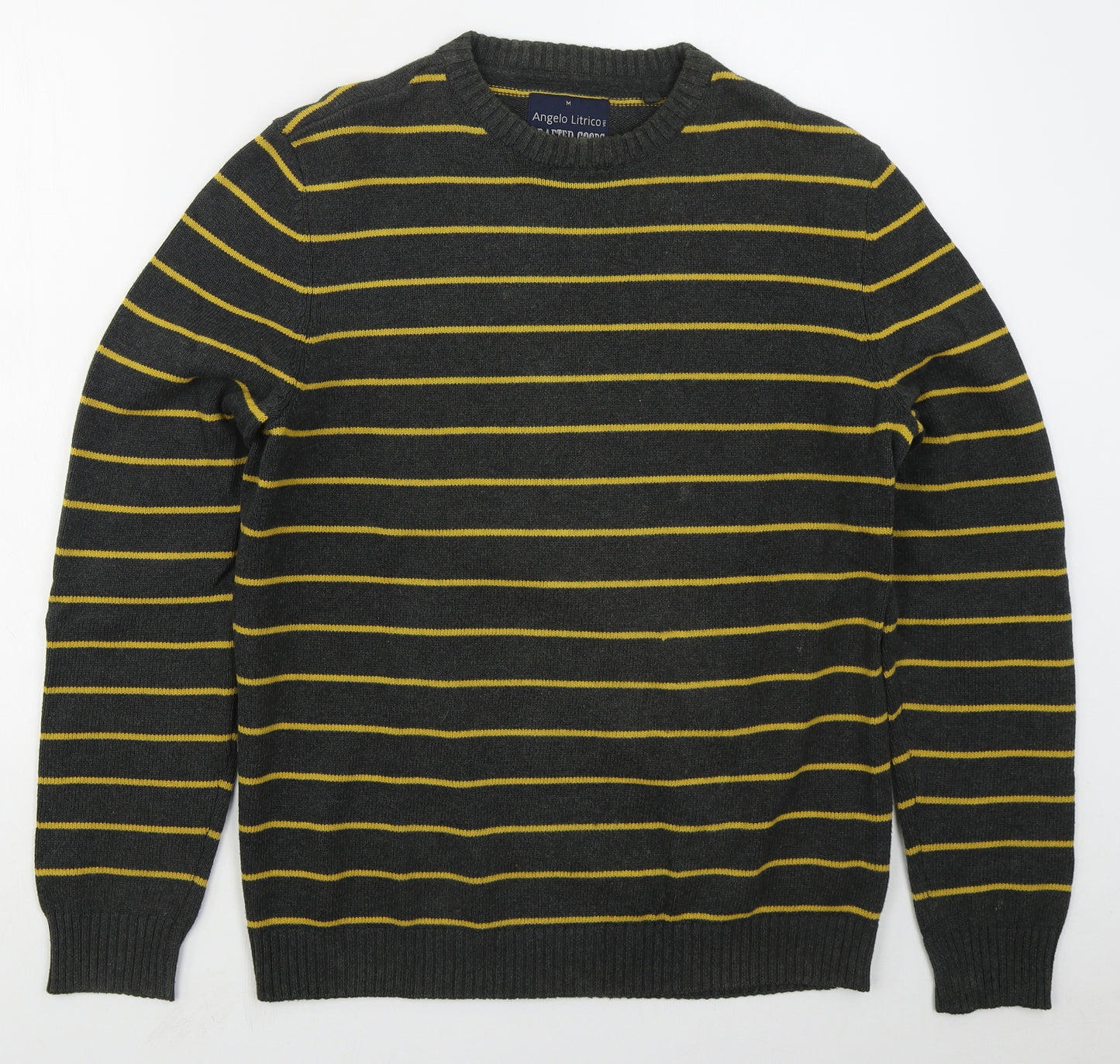 C&A Mens Grey Crew Neck Striped Cotton Pullover Jumper Size M   - Yellow