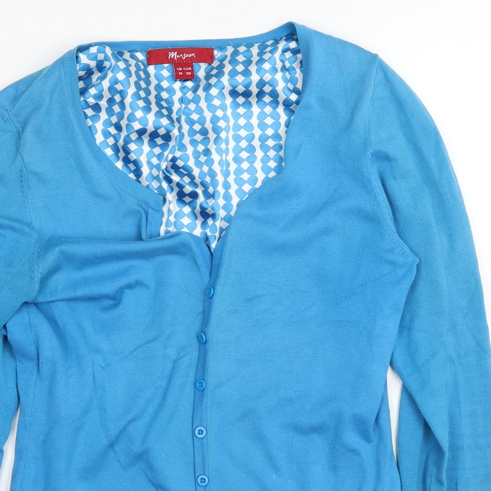 Monsoon Womens Blue V-Neck  Cotton Cardigan Jumper Size 10