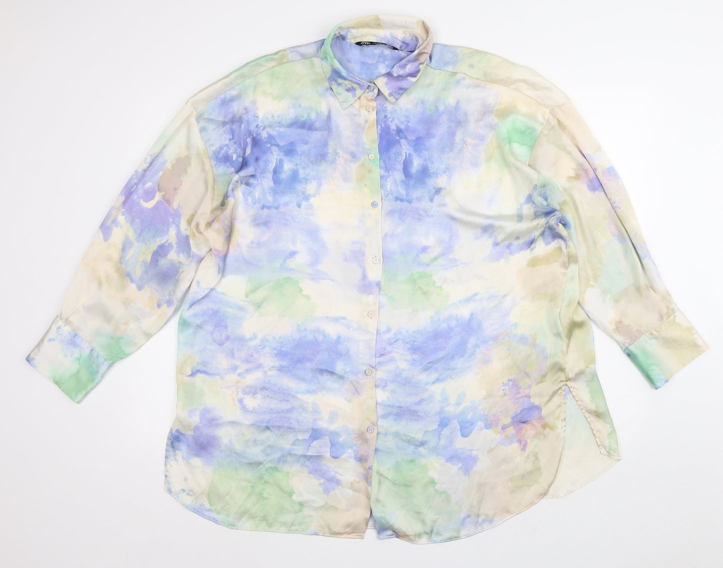 Zara Mens Beige Geometric Polyester  Button-Up Size L Collared  - Tie Dye