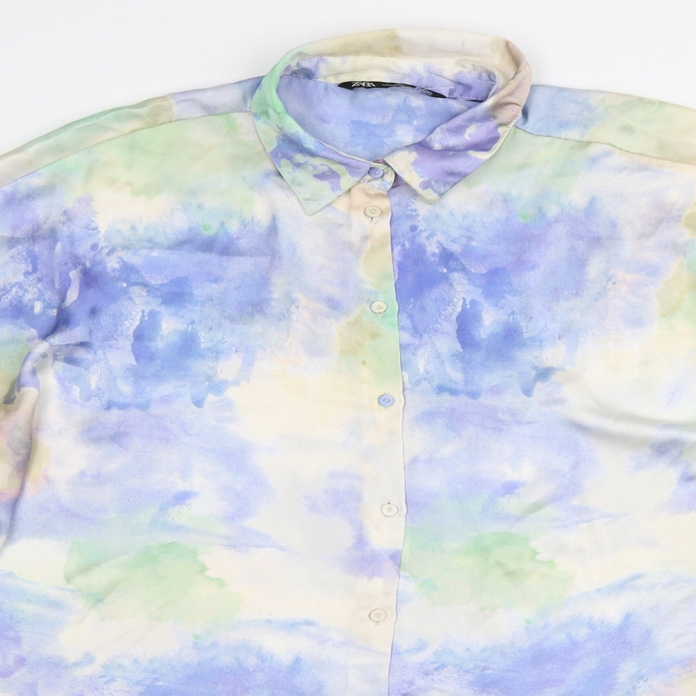 Zara Mens Beige Geometric Polyester  Button-Up Size L Collared  - Tie Dye