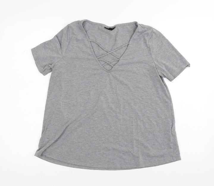Topshop Womens Grey  Polyester Basic T-Shirt Size 8 V-Neck