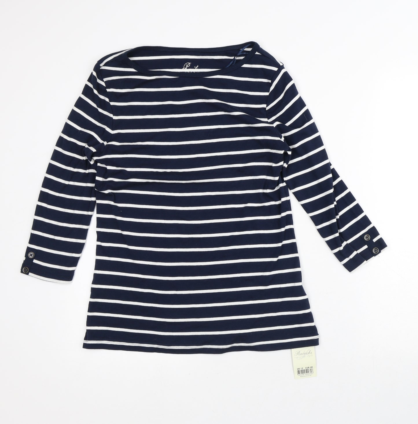 Peacocks Womens Blue Striped 100% Cotton Basic T-Shirt Size 12 Crew Neck