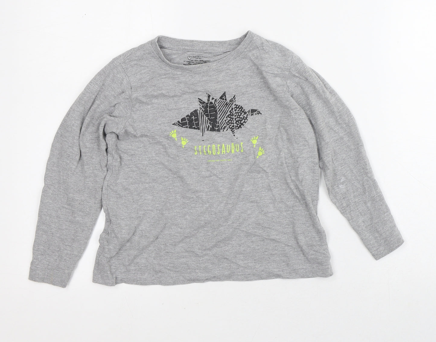 Primark Boys Grey  Cotton Pullover T-Shirt Size 6-7 Years Crew Neck  - Stegosaurus