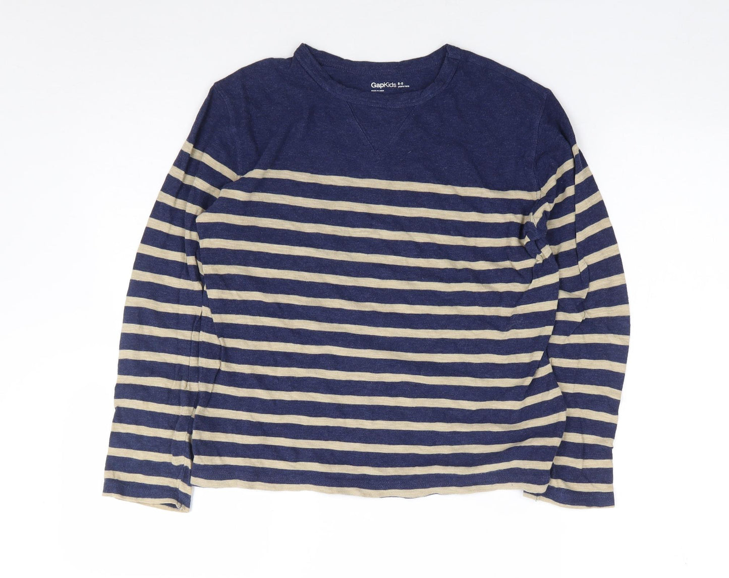 Gap Boys Blue Striped 100% Cotton Jersey T-Shirt Size 8-9 Years Crew Neck Pullover