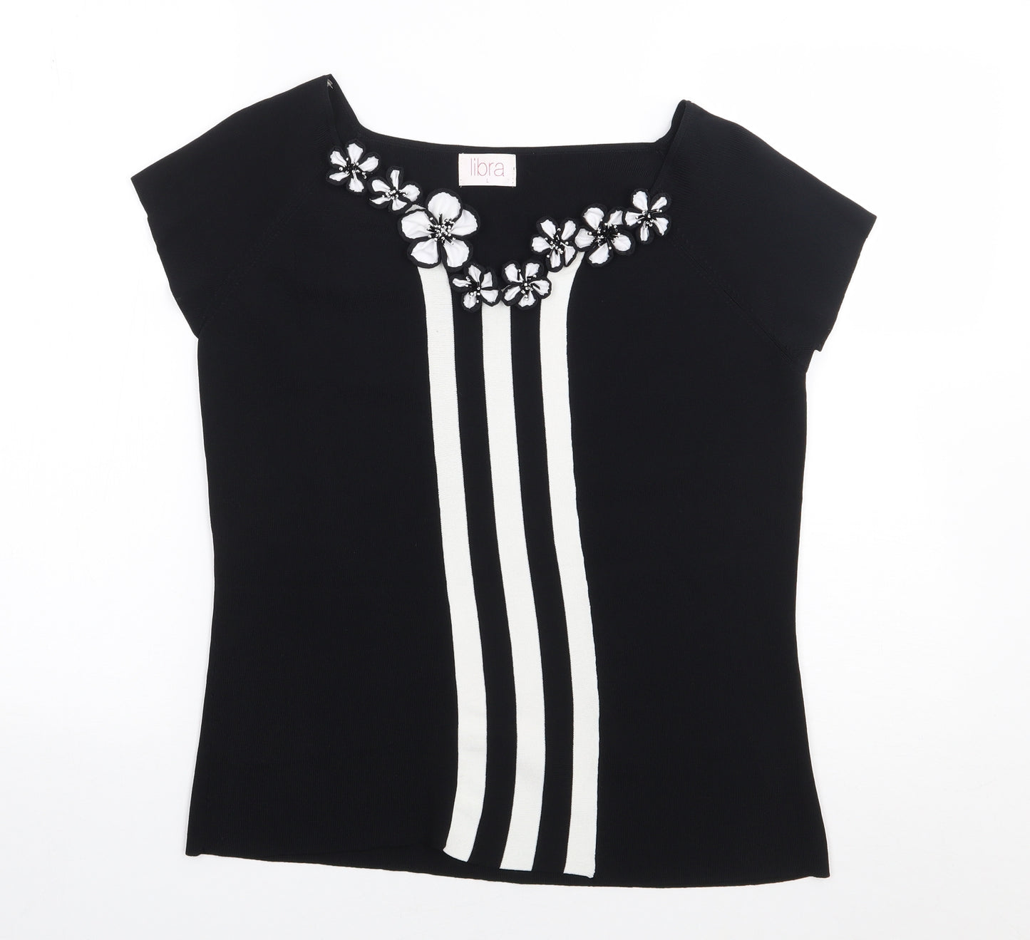 Libra  Womens Black Striped Nylon Jersey T-Shirt Size L Round Neck