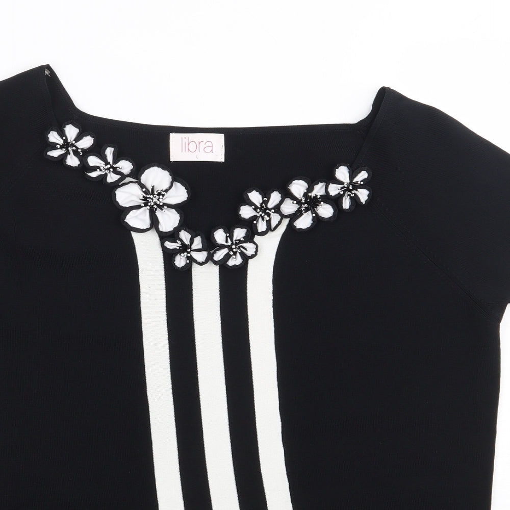 Libra  Womens Black Striped Nylon Jersey T-Shirt Size L Round Neck