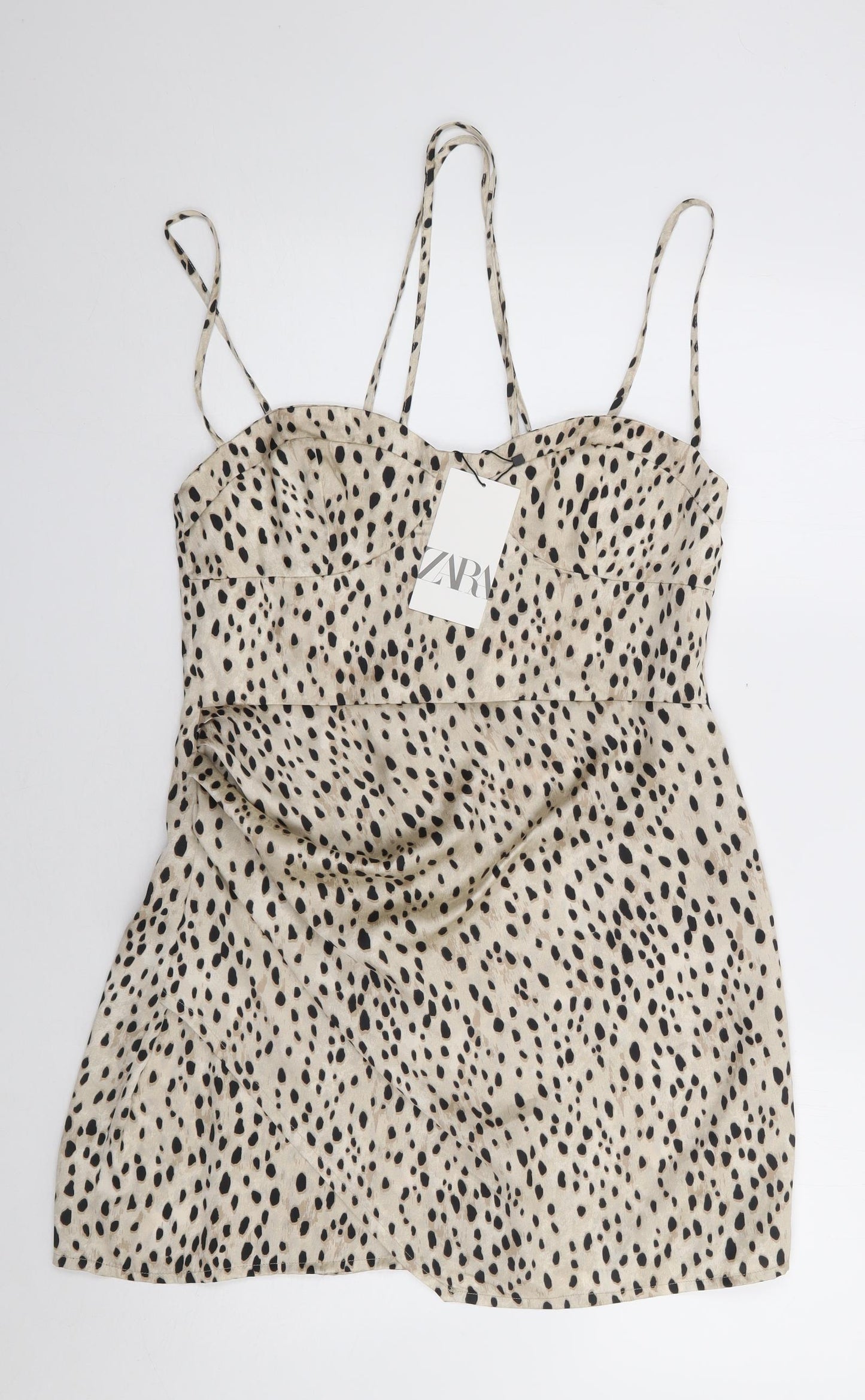 Zara Womens Beige Animal Print Polyester Bodycon  Size L  Sweetheart Zip