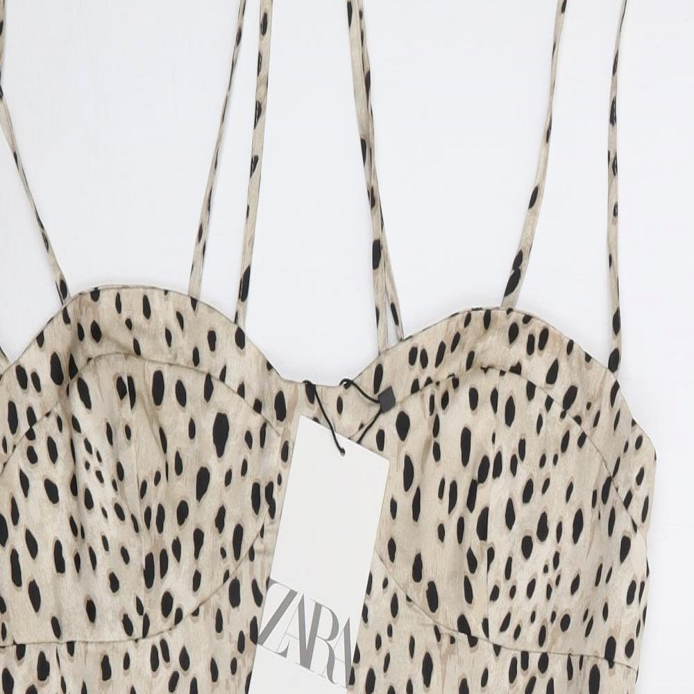 Zara Womens Beige Animal Print Polyester Bodycon  Size L  Sweetheart Zip