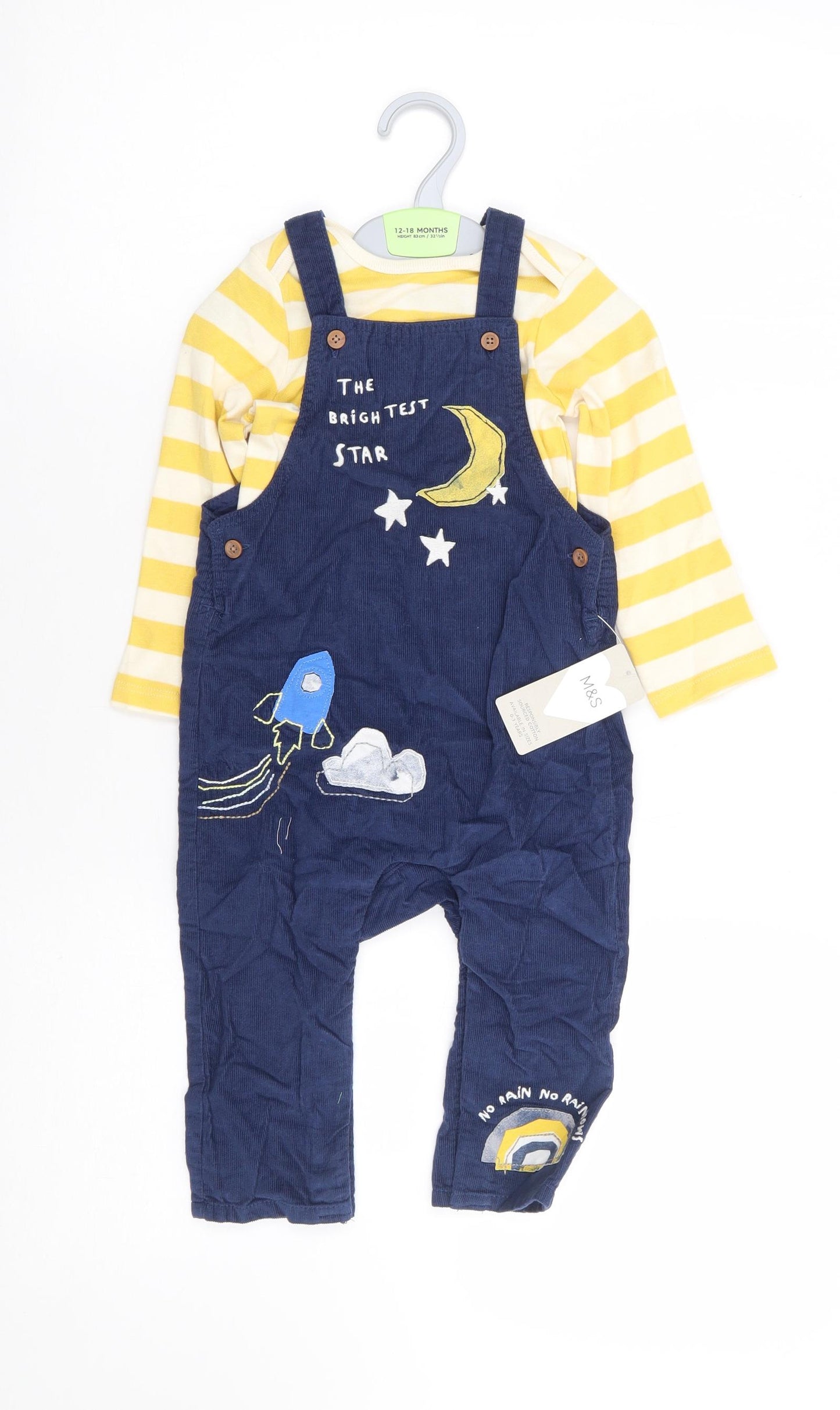 Marks and Spencer Boys Multicoloured Striped 100% Cotton Dungaree Outfit/Set Size 12-18 Months