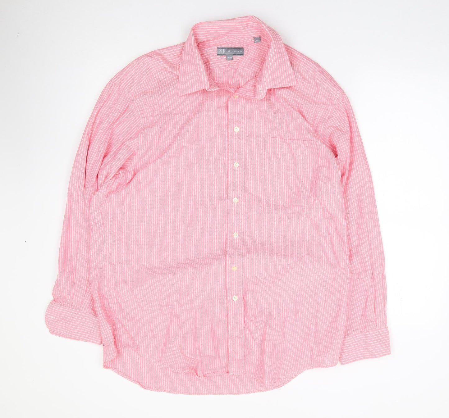 Hickey Freeman Mens Pink Striped Cotton  Button-Up Size 34 Collared Button