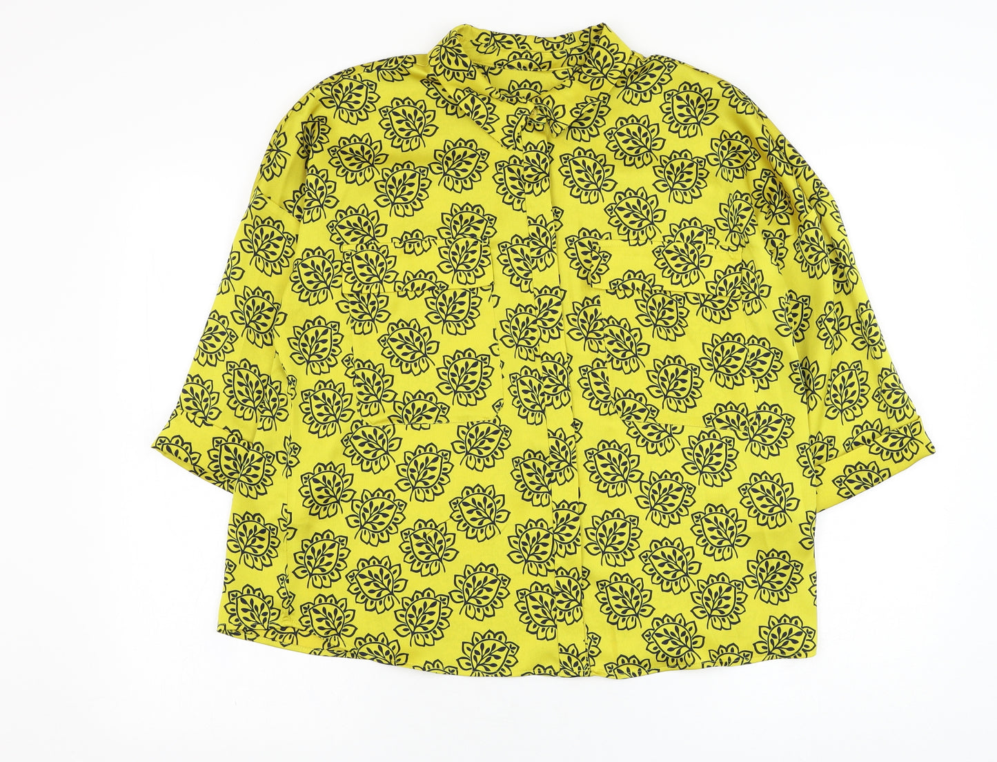 Marks and Spencer Womens Yellow Floral Polyester Basic Button-Up Size 14 Collared