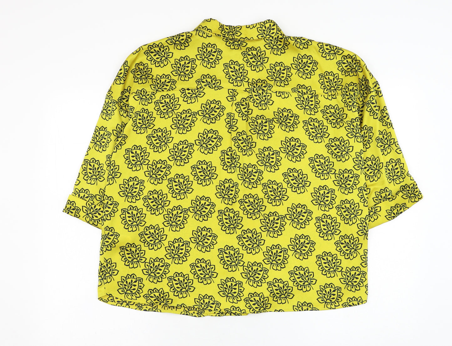 Marks and Spencer Womens Yellow Floral Polyester Basic Button-Up Size 14 Collared