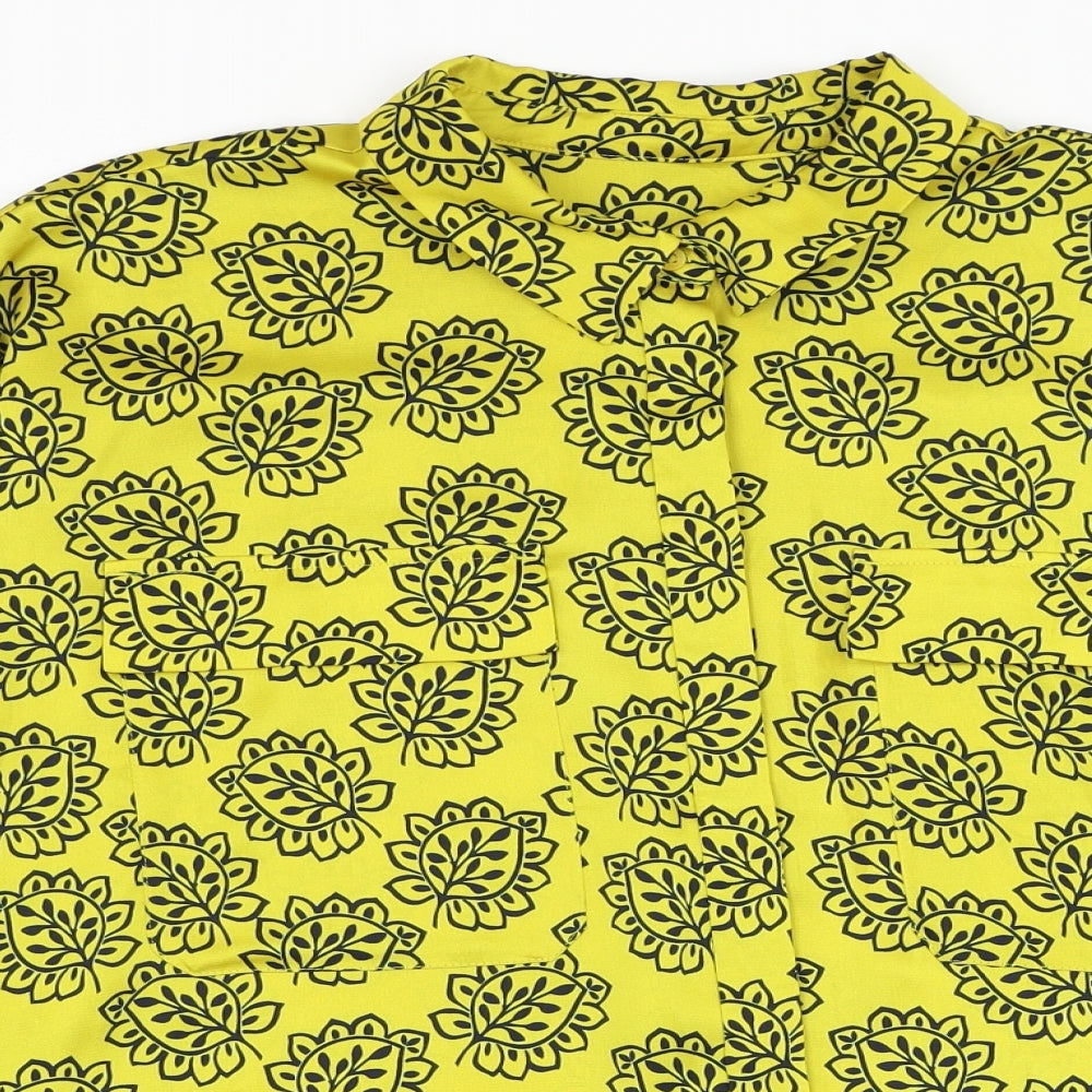 Marks and Spencer Womens Yellow Floral Polyester Basic Button-Up Size 14 Collared