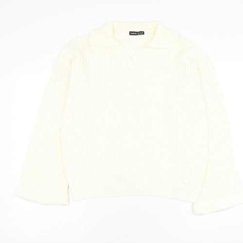 SheIn Womens Ivory V-Neck  Acrylic Pullover Jumper Size 8