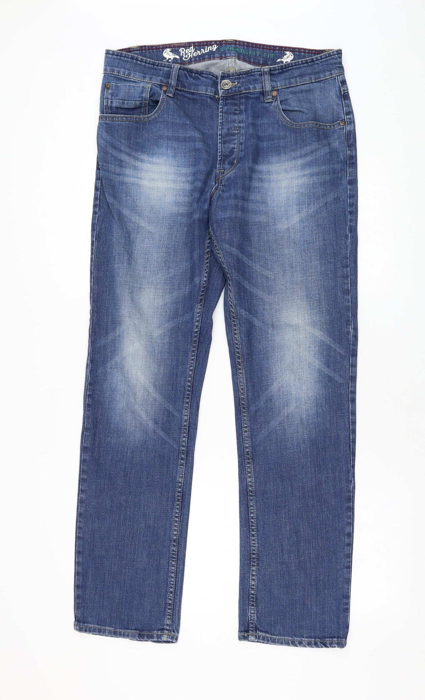 Red Herring Mens Blue  Cotton Straight Jeans Size 34 in L30 in Regular Zip