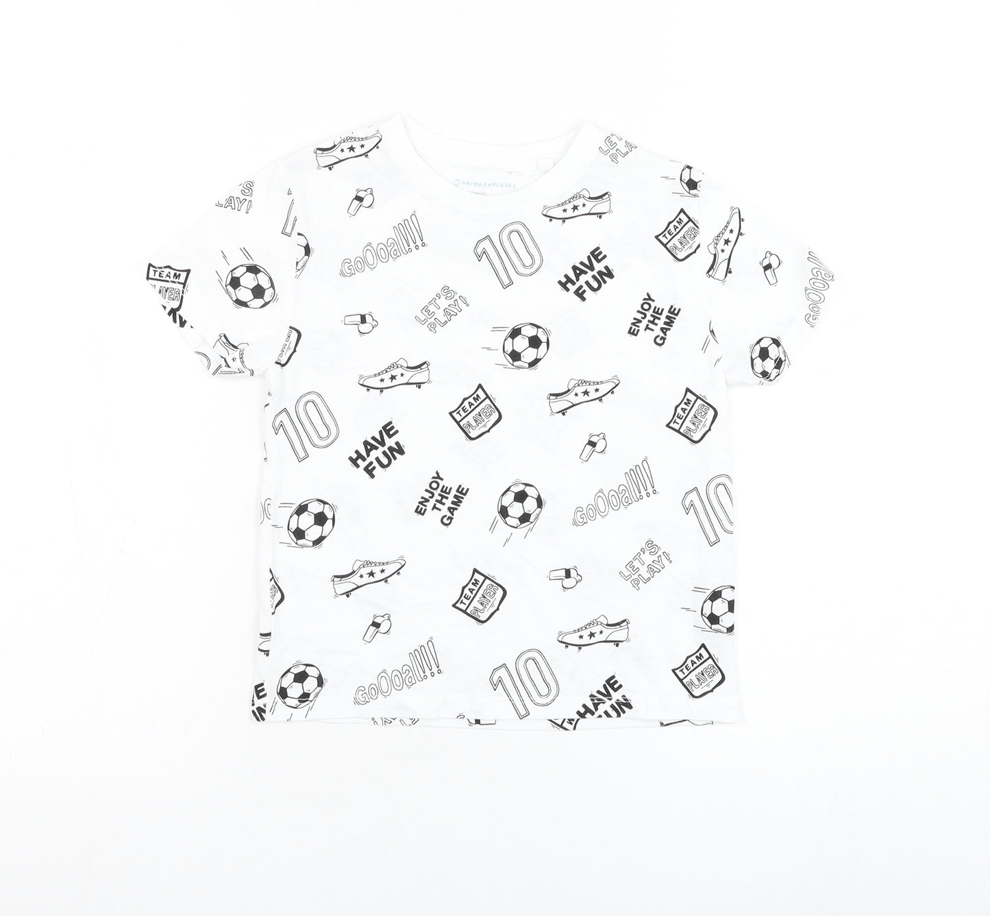 Primark Boys White  Cotton Basic T-Shirt Size 4-5 Years Round Neck Pullover - Football