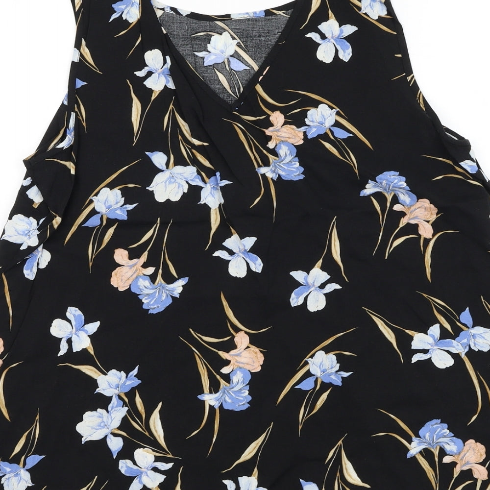 F&F Womens Black Floral Viscose Basic Blouse Size 16 Round Neck