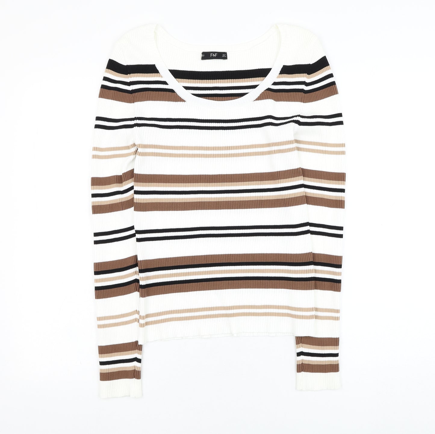 F&F Womens White Round Neck Striped Polyamide Pullover Jumper Size 12