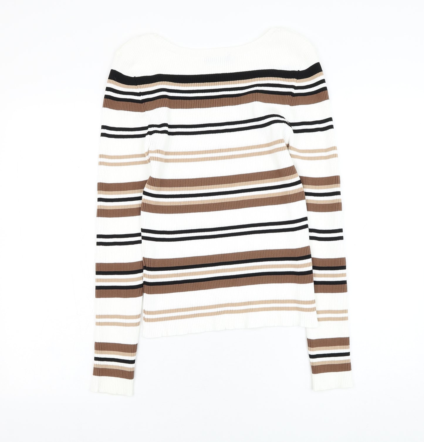 F&F Womens White Round Neck Striped Polyamide Pullover Jumper Size 12