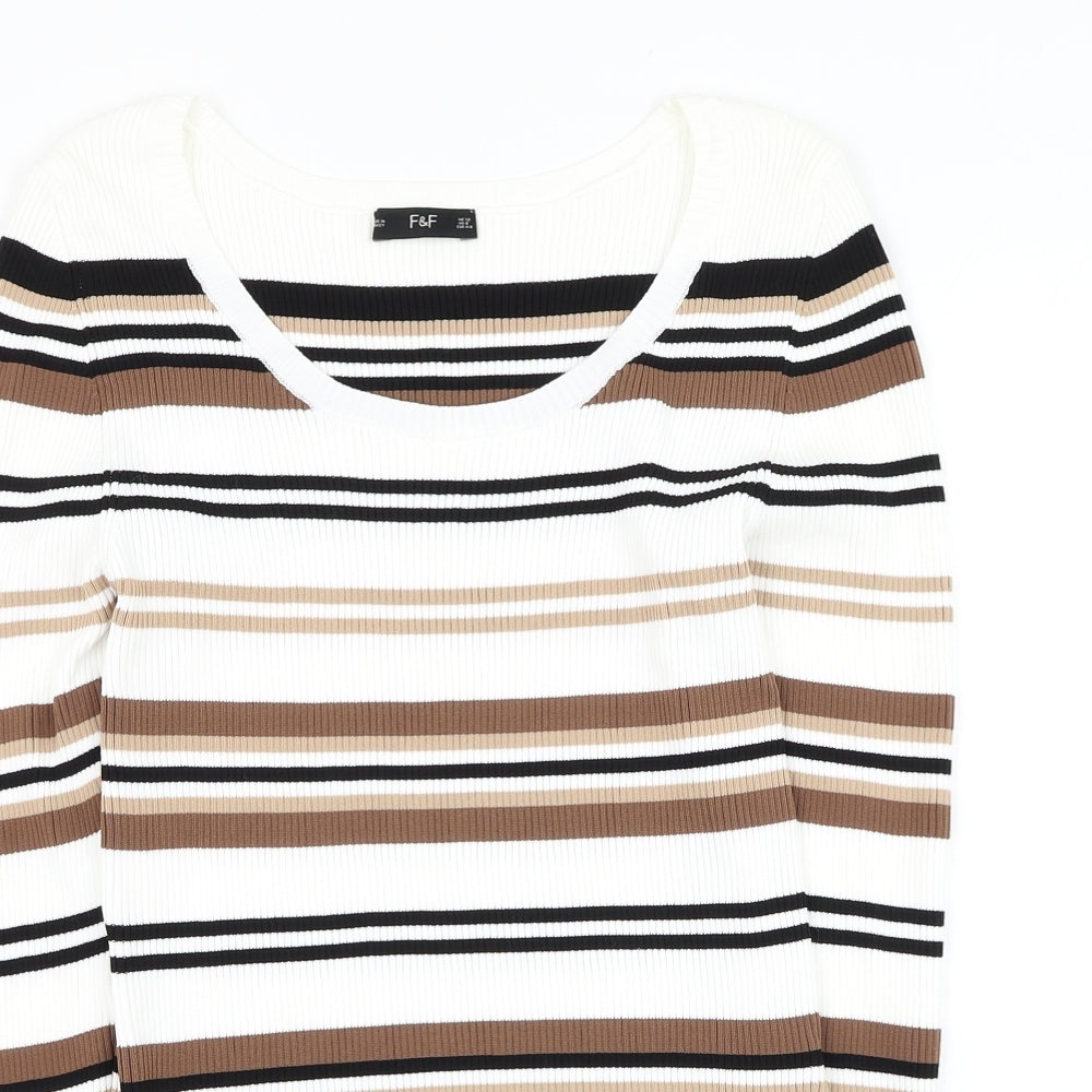 F&F Womens White Round Neck Striped Polyamide Pullover Jumper Size 12