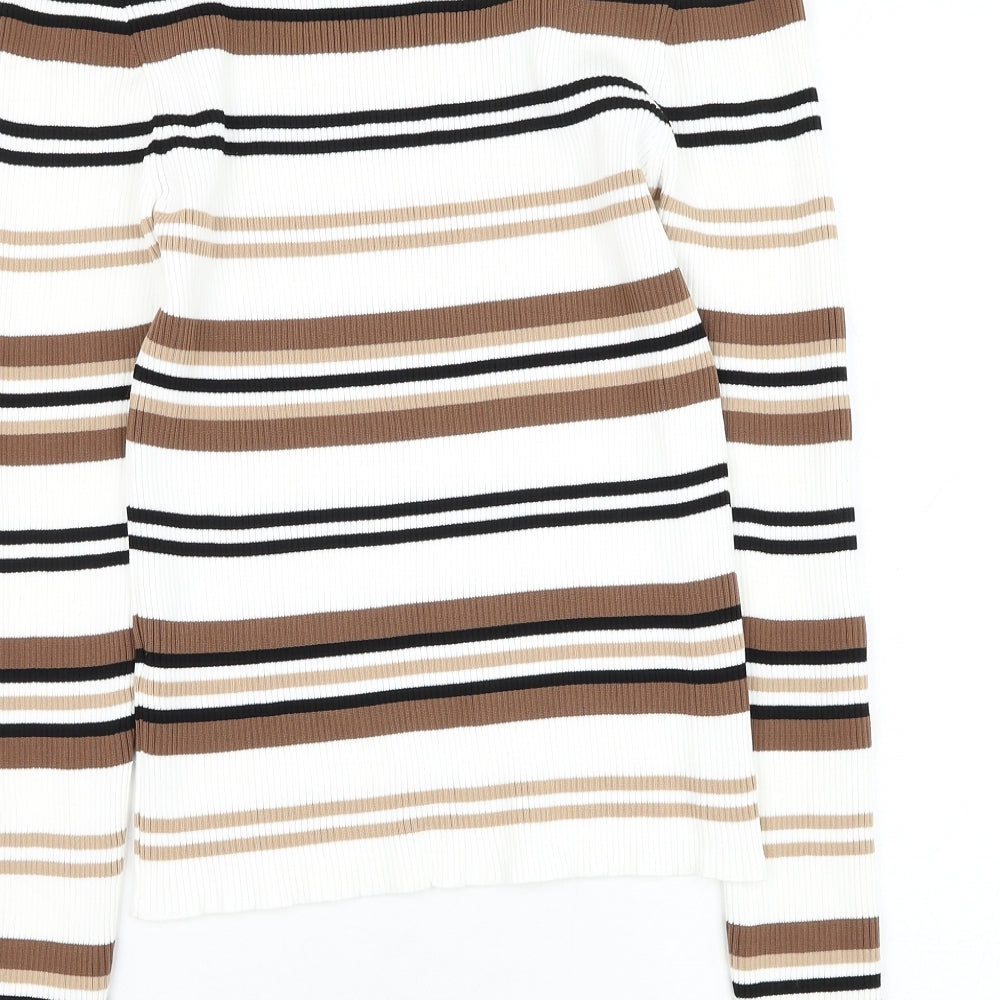 F&F Womens White Round Neck Striped Polyamide Pullover Jumper Size 12