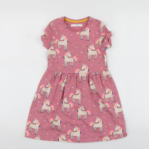 M&S Girls Pink Geometric Cotton Skater Dress  Size 6-7 Years  Round Neck