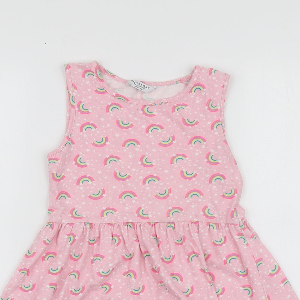 Primark Girls Pink Geometric Cotton Skater Dress  Size 7-8 Years  Round Neck