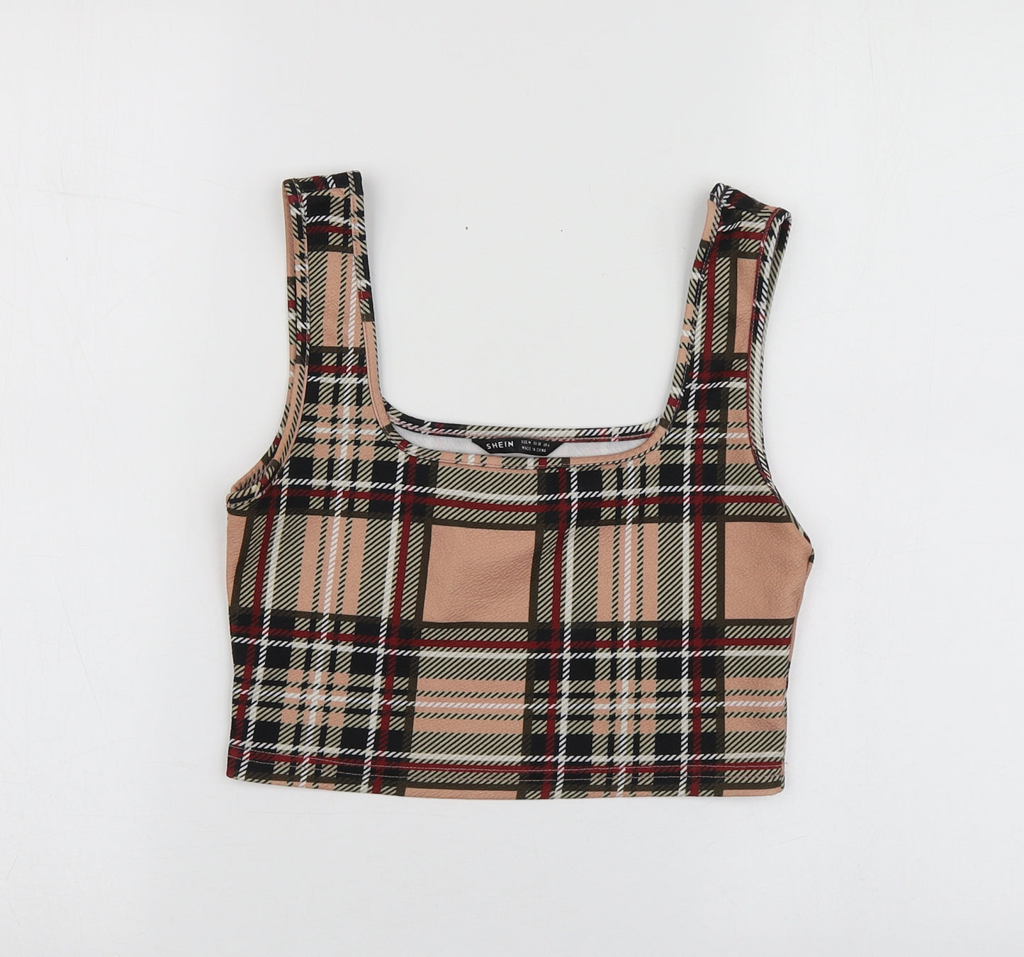 SheIn Womens Beige Plaid Polyester Basic T-Shirt Size M Round Neck