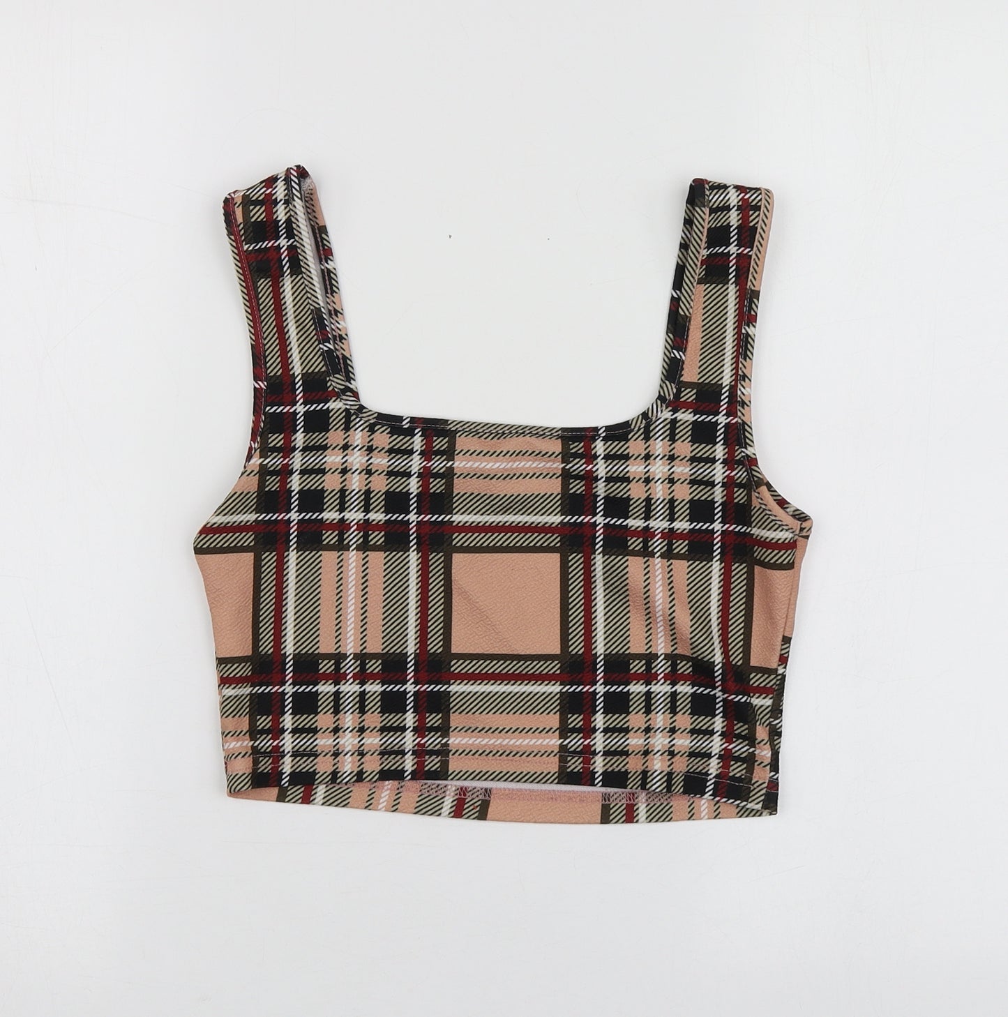 SheIn Womens Beige Plaid Polyester Basic T-Shirt Size M Round Neck