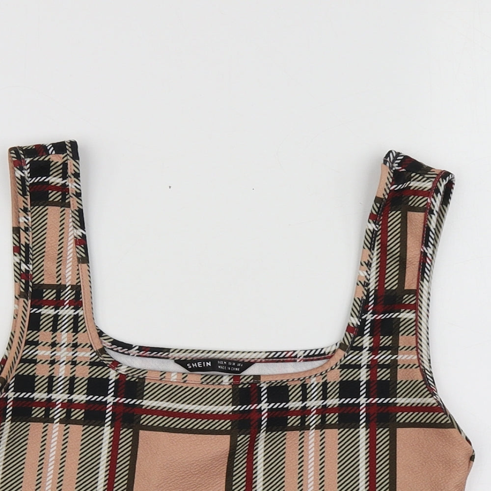 SheIn Womens Beige Plaid Polyester Basic T-Shirt Size M Round Neck