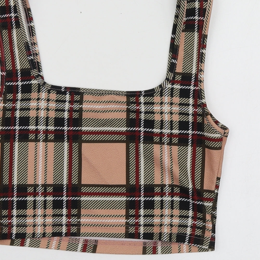 SheIn Womens Beige Plaid Polyester Basic T-Shirt Size M Round Neck