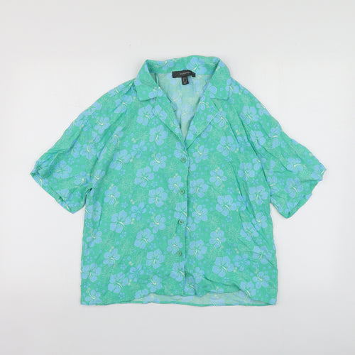 Primark Womens Green Floral Viscose Basic Button-Up Size 6 V-Neck