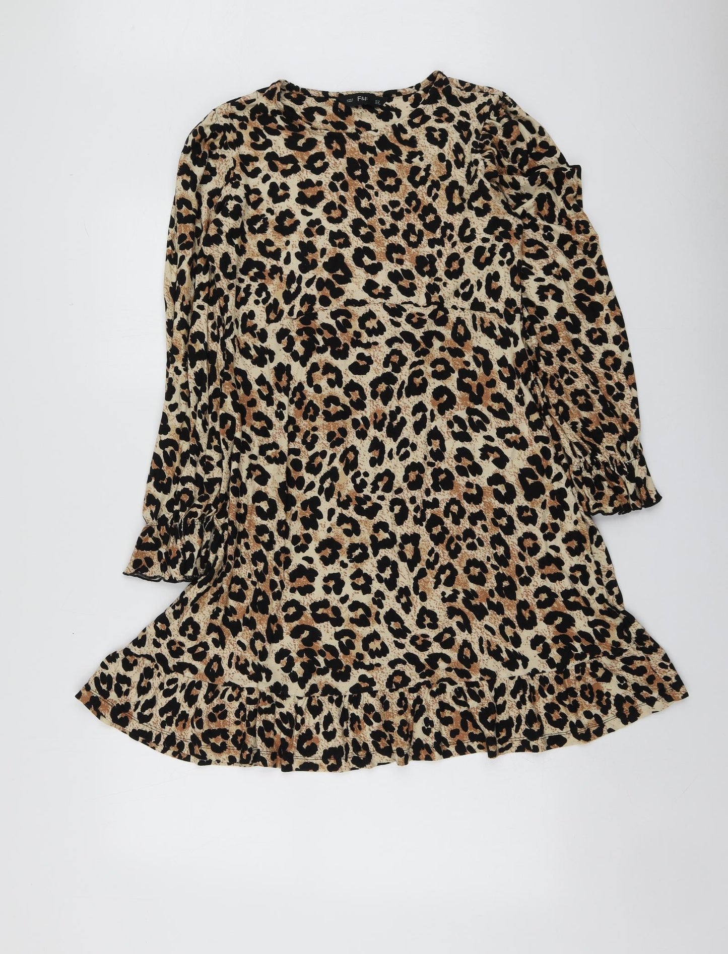 F&F Womens Beige Animal Print Viscose Skater Dress  Size 12  Round Neck