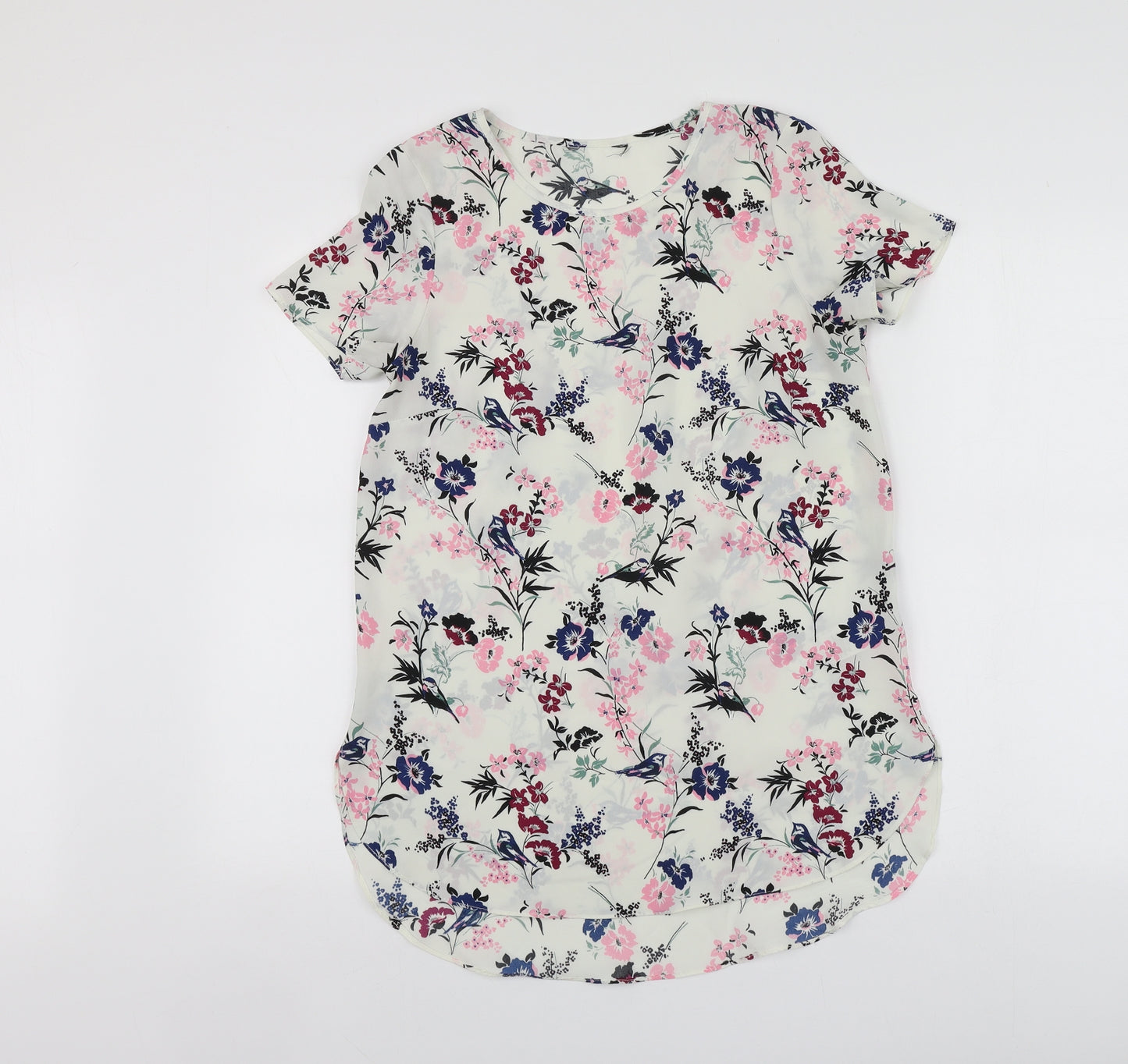 New Look Womens White Floral Polyester Basic T-Shirt Size 10 Round Neck