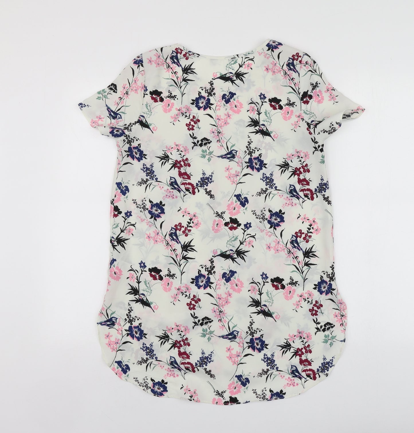 New Look Womens White Floral Polyester Basic T-Shirt Size 10 Round Neck