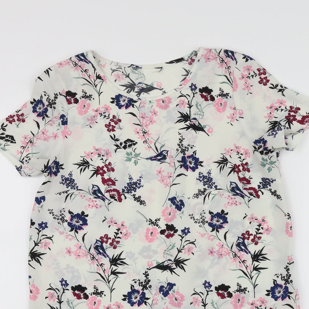 New Look Womens White Floral Polyester Basic T-Shirt Size 10 Round Neck