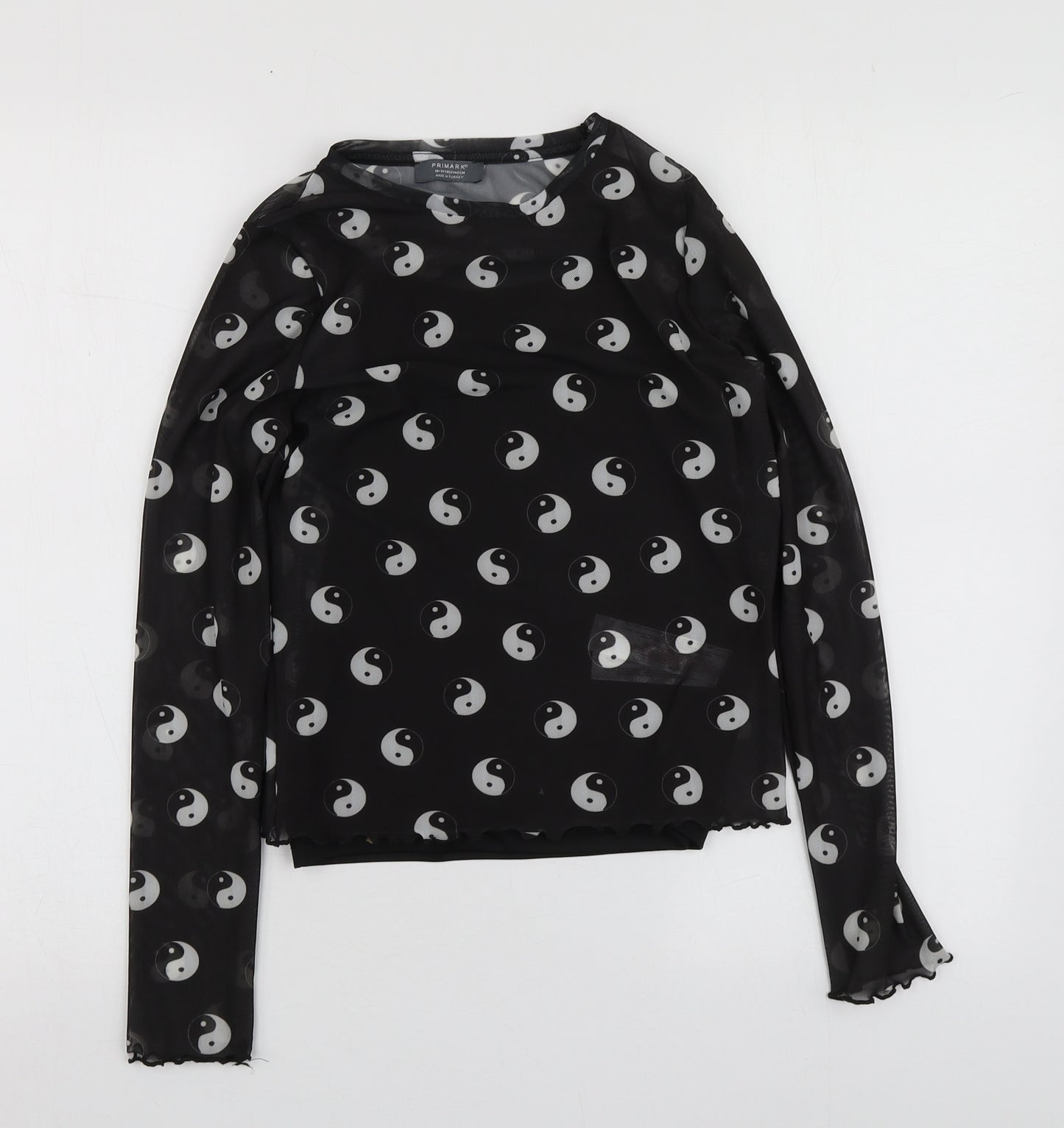 Primark Girls Black Geometric Polyester Basic T-Shirt Size 10-11 Years Round Neck