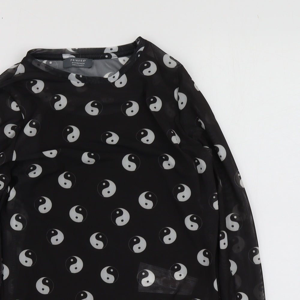 Primark Girls Black Geometric Polyester Basic T-Shirt Size 10-11 Years Round Neck