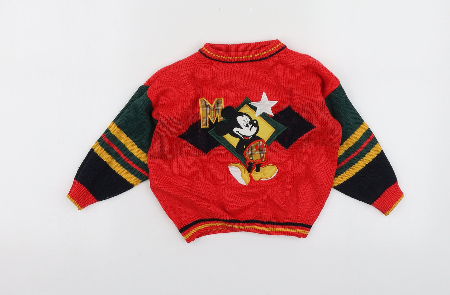 Dunnes Stores Boys Red Geometric Acrylic Pullover Jumper Size 18-24 Months   - Mickey Mouse