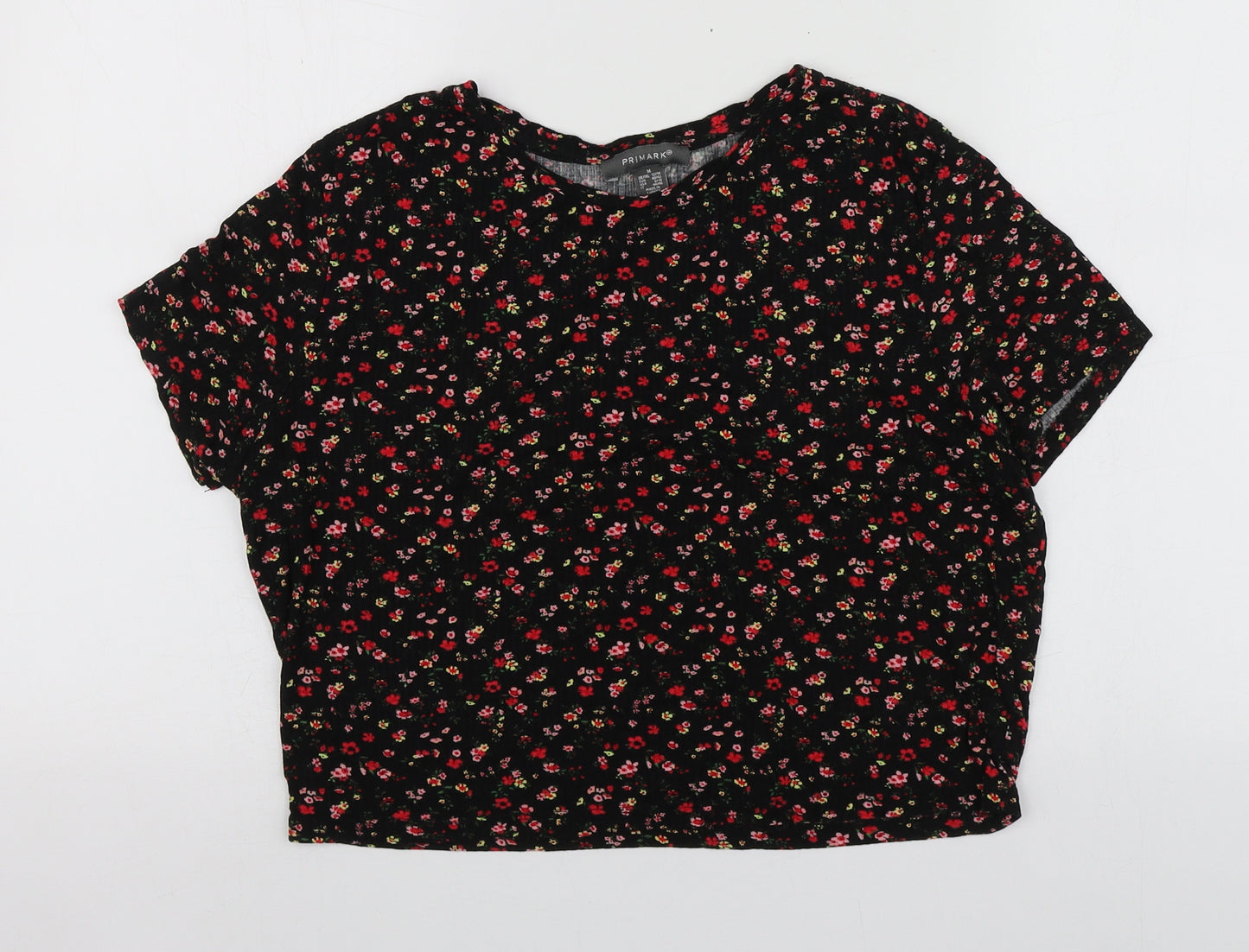 Primark Womens Black Floral Viscose Basic T-Shirt Size M Round Neck