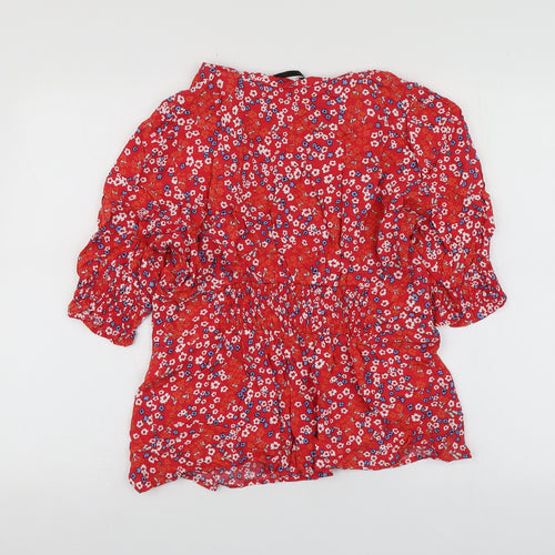 Dunnes Stores Womens Red Floral Viscose Basic Blouse Size M Round Neck